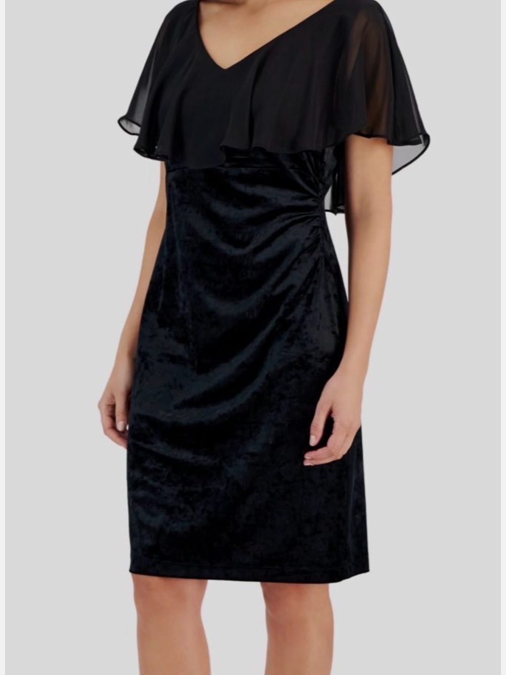connected apparel Black Velvet Midi Dress with Chiffon Cape